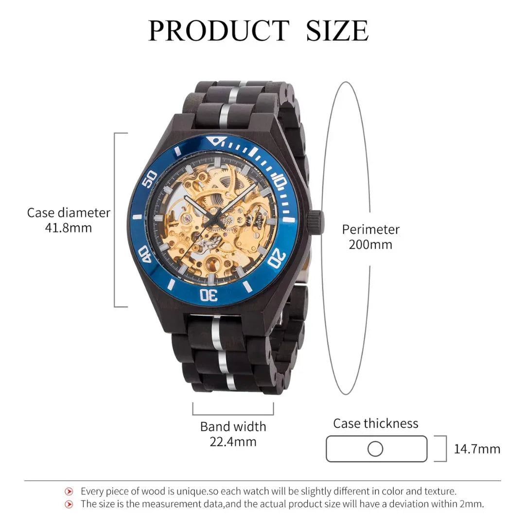 Men's skeleton wood watch with blue bezel, gold gears, case diameter 41.8mm, band width 22.4mm.