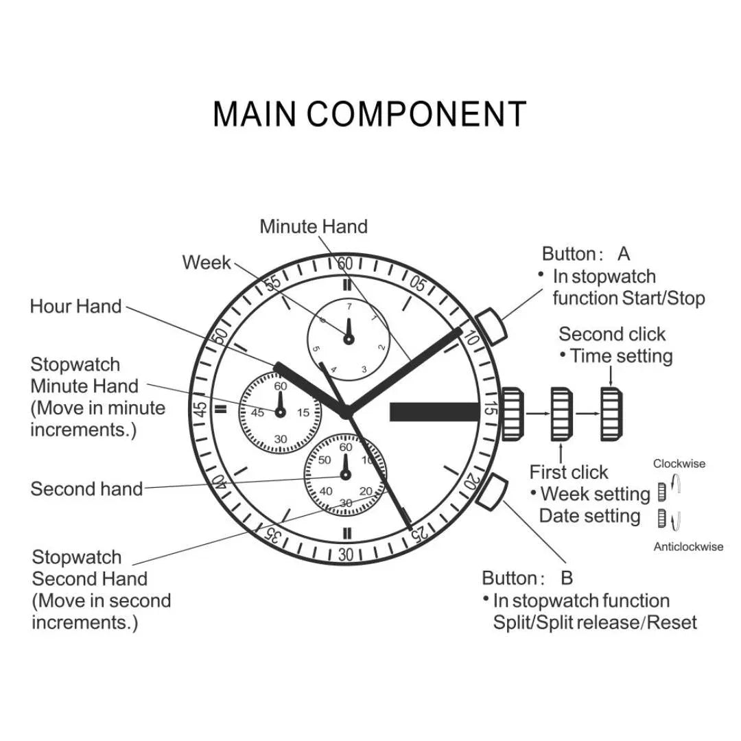 Analog chronograph watch diagram showing labeled components and stopwatch functions