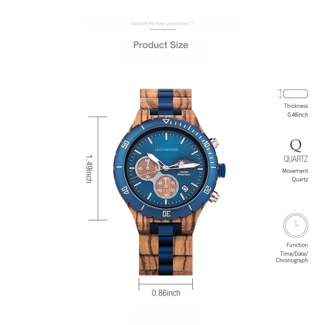 Blue wood chronograph quartz watch with product size dimensions, water resistant, LEATHWOODS branding