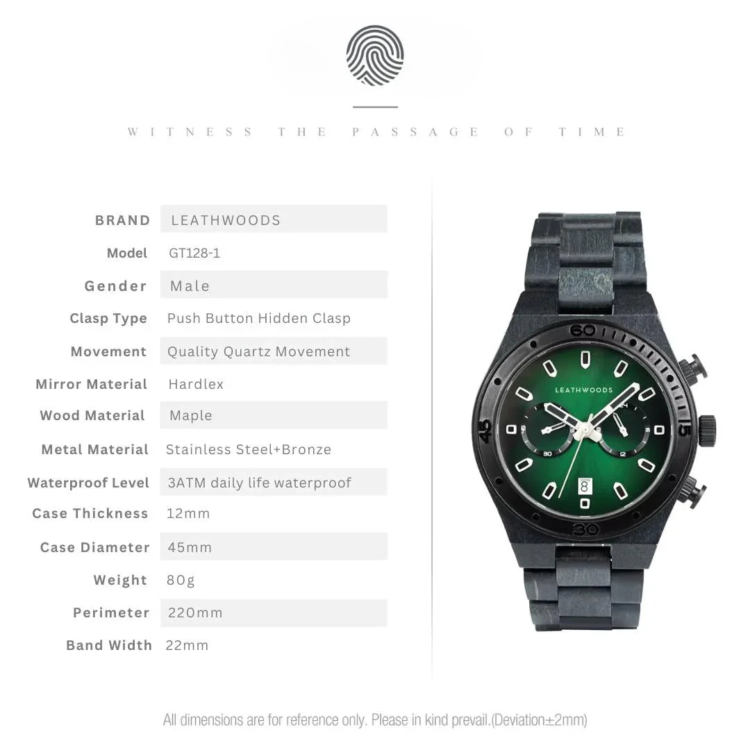 Green dial LEATHWOODS men's watch, maple wood band, stainless steel case, product specs