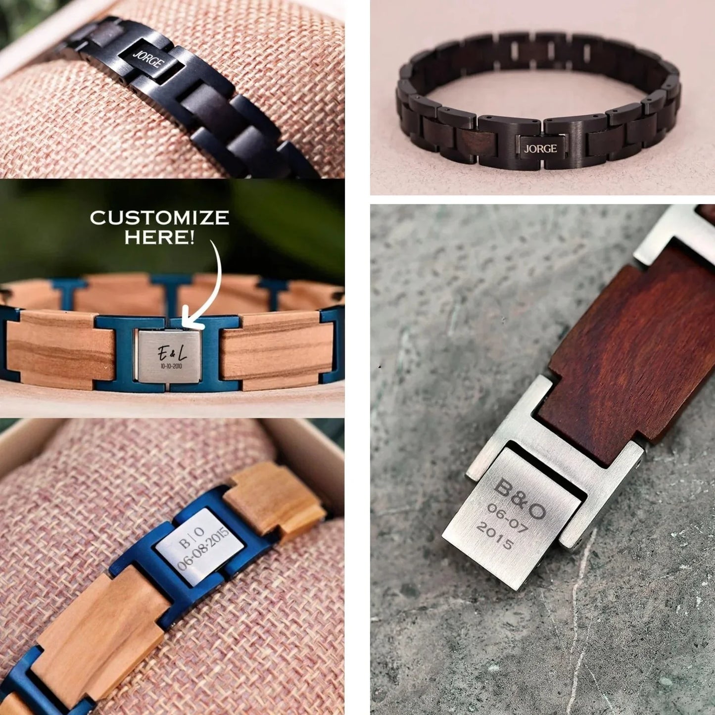Custom engraved wooden and metal bracelets with close-up details and personalization examples