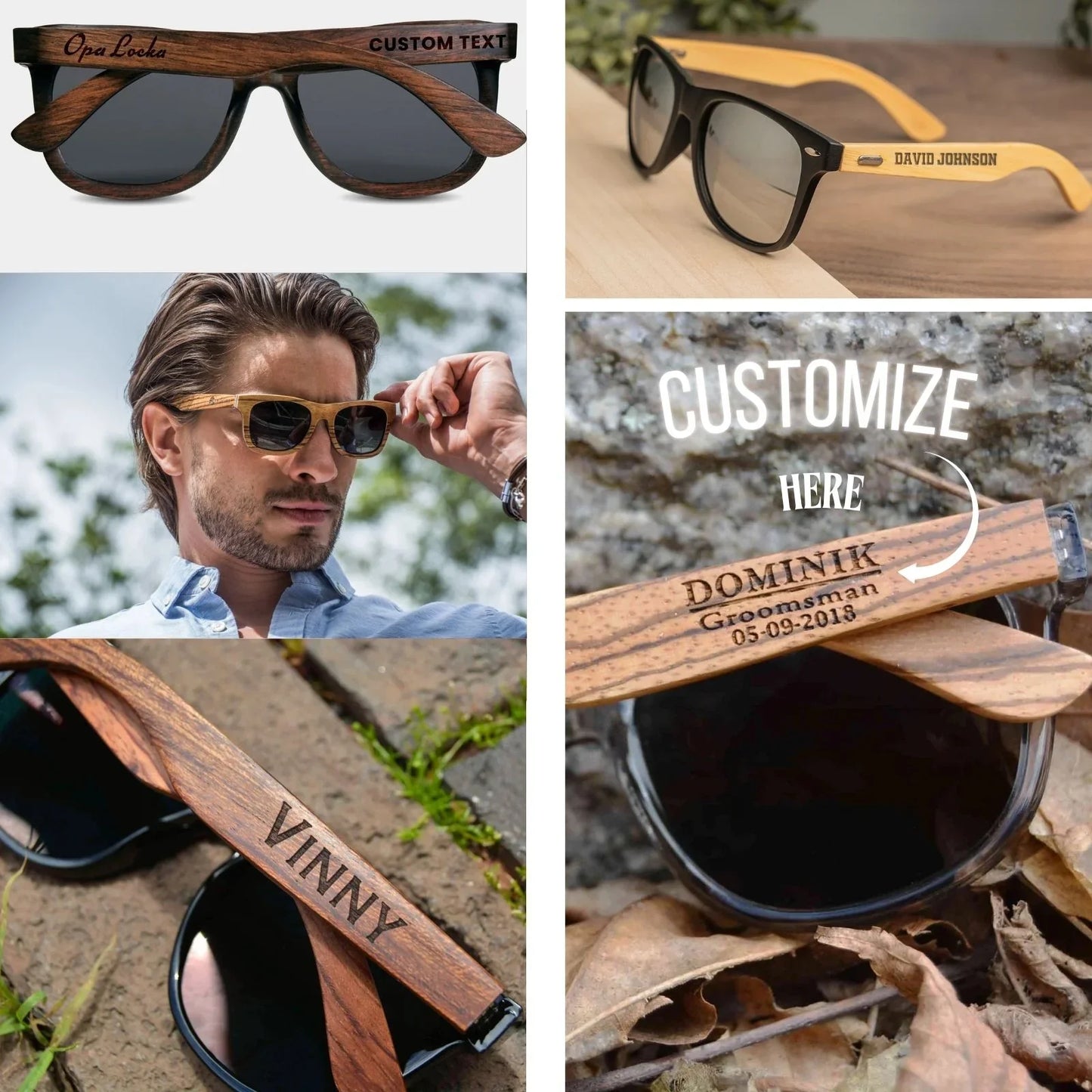 Custom engraved wooden sunglasses with personalized names, stylish eyewear gift options