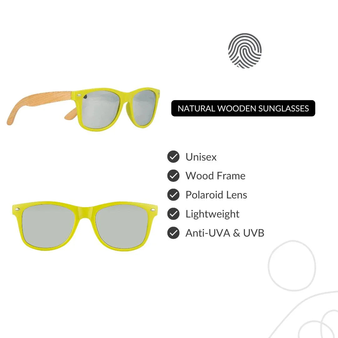 Natural wooden sunglasses with yellow frame, wooden arms, polaroid lens, unisex design
