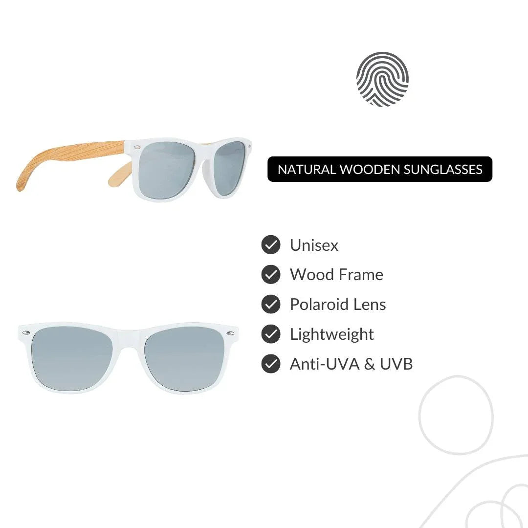 Natural wooden sunglasses with white front, wood arms, Polaroid lens, and UV protection features.