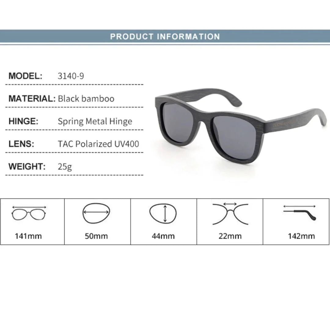 Black bamboo polarized sunglasses with spring metal hinge, UV400 TAC lens, and dimensions chart