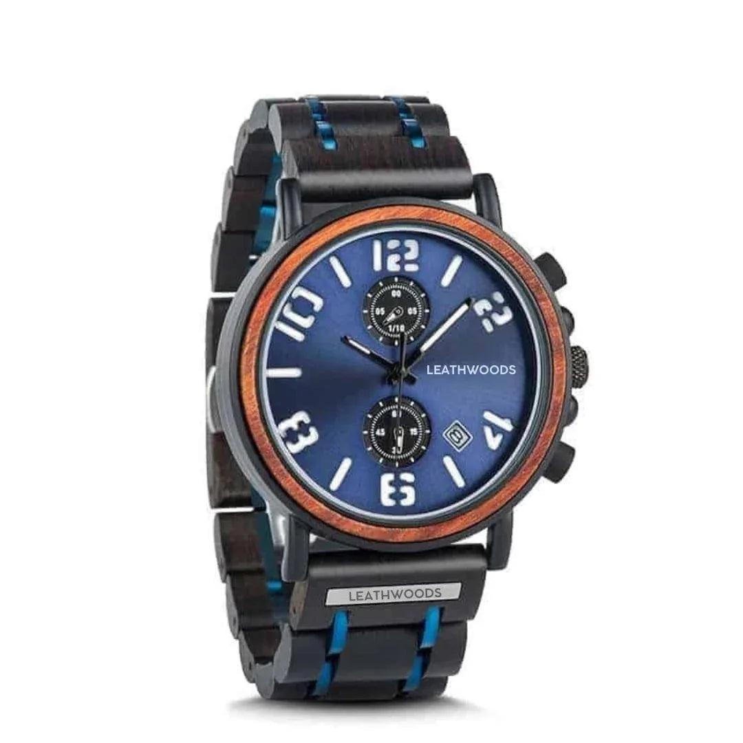 Leathwoods men's wooden watch with blue dial, chronograph subdials, and wood-accented band