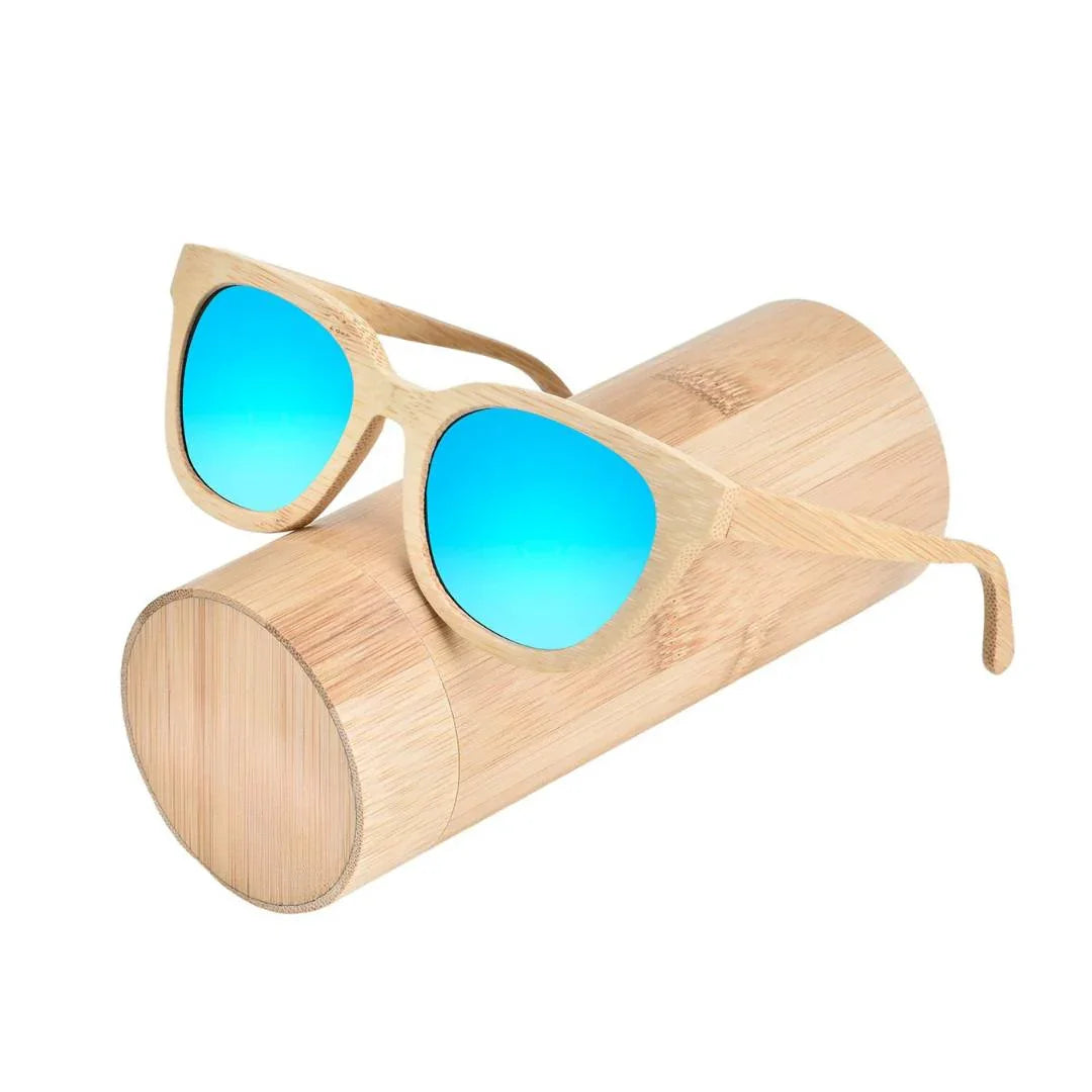 Bamboo sunglasses with blue mirrored lenses on a bamboo case, eco-friendly eyewear