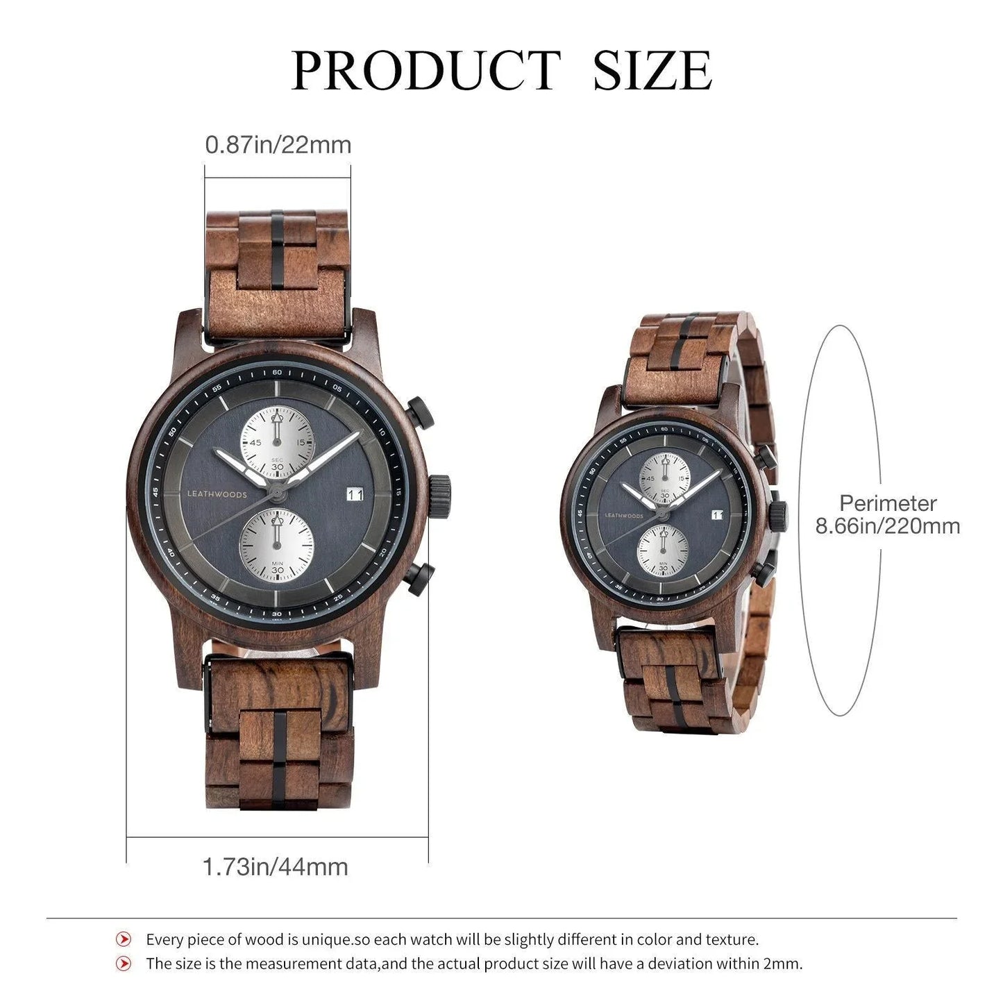 Men's wooden chronograph watch with black dial, brown band, and size dimensions shown.