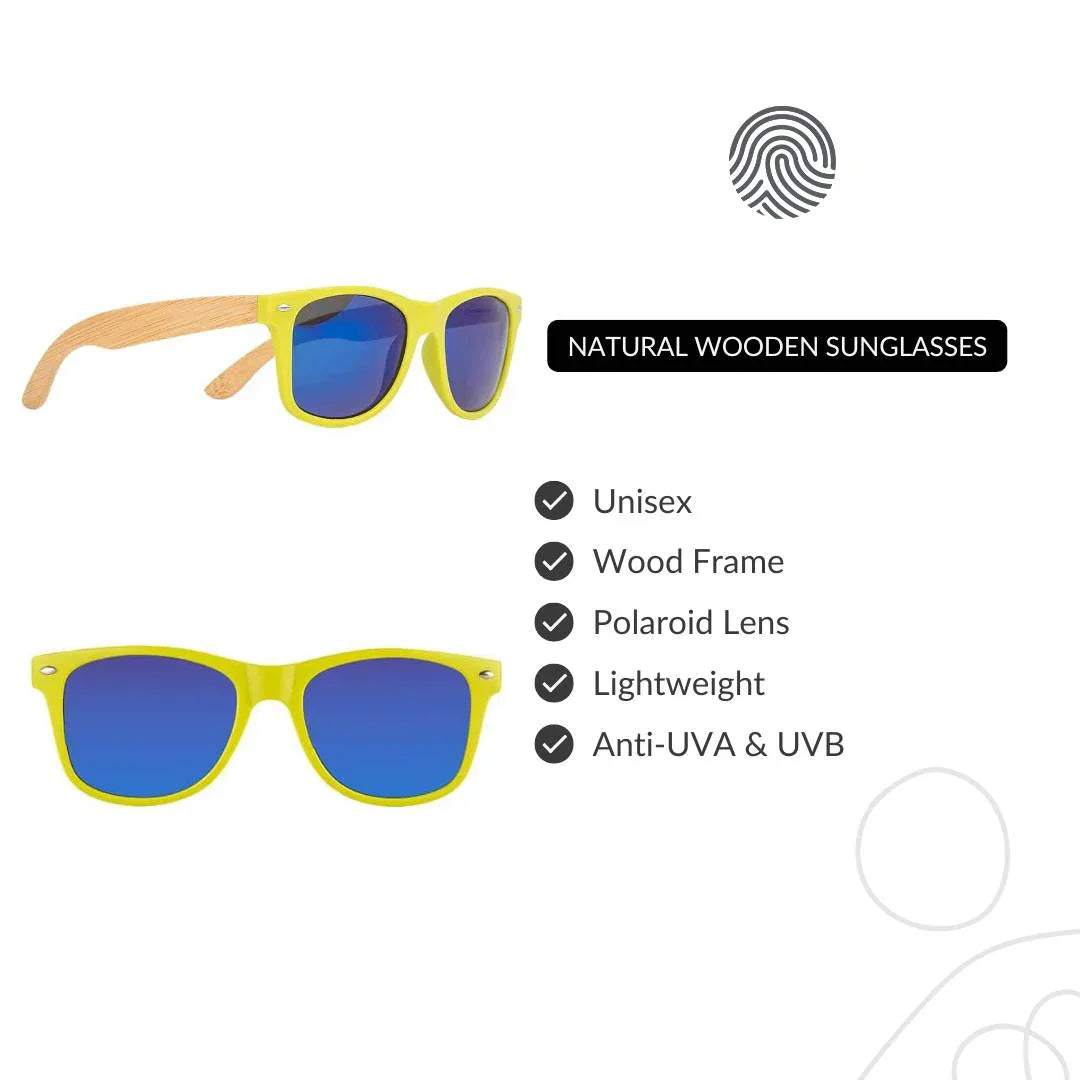 Unisex natural wooden sunglasses with yellow frame, blue polaroid lenses, wood arms.
