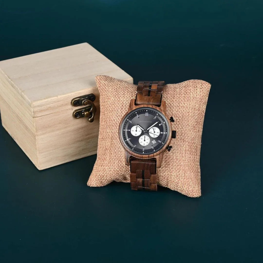 Men's wooden chronograph watch on burlap pillow with wooden gift box