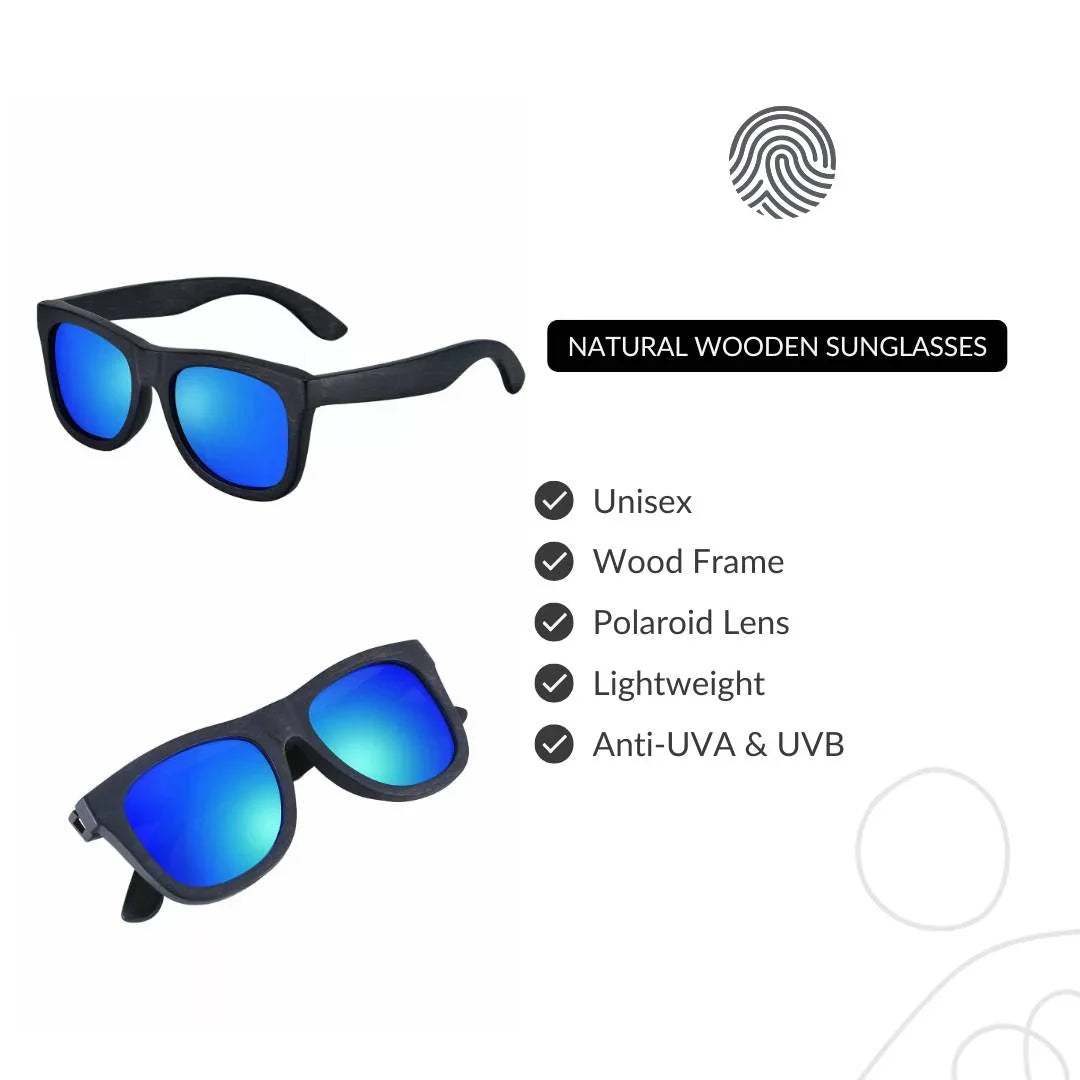 Natural wooden sunglasses with blue polaroid lenses and black wood frame, unisex, lightweight.