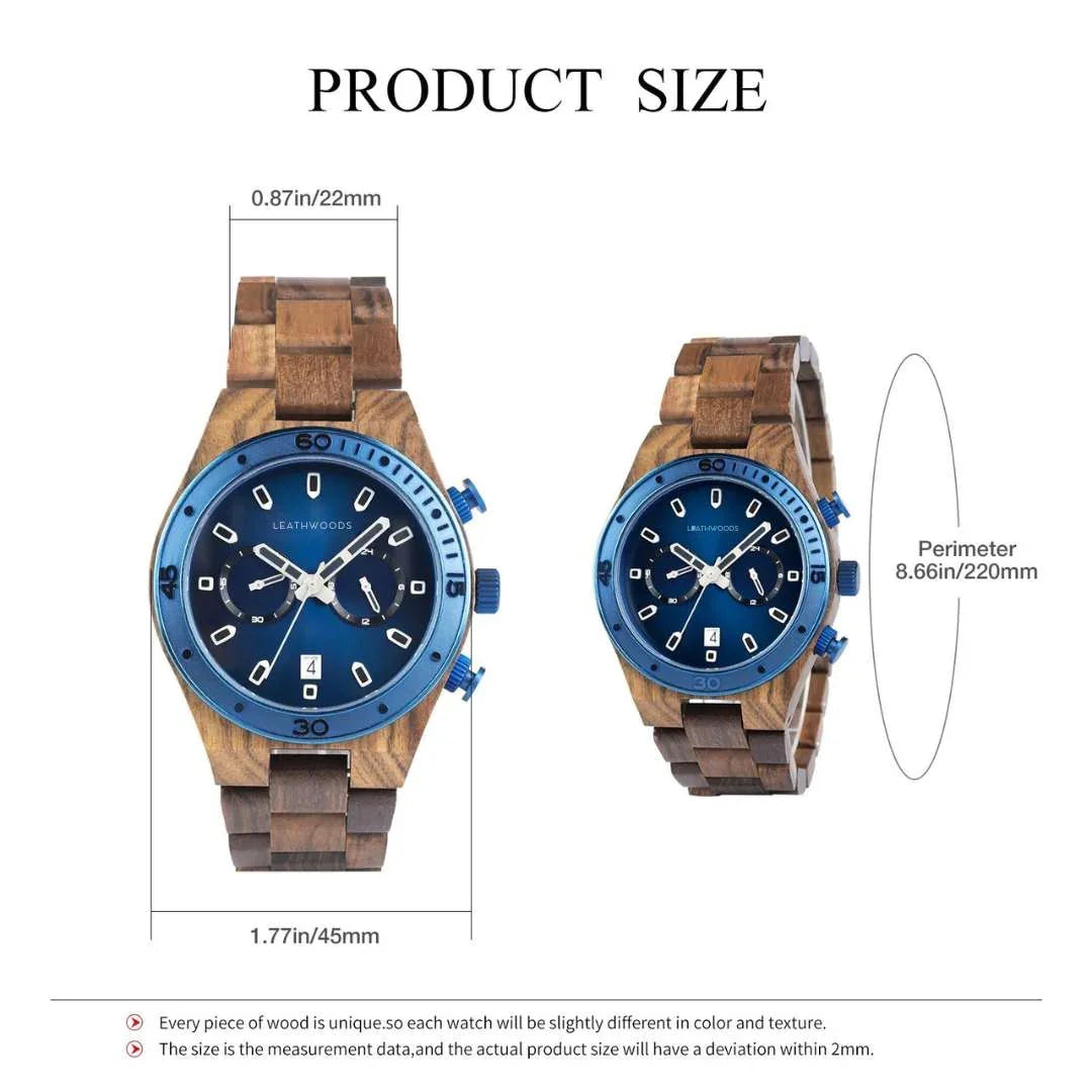 Wooden wristwatch with blue dial, size dimensions labeled, product size display