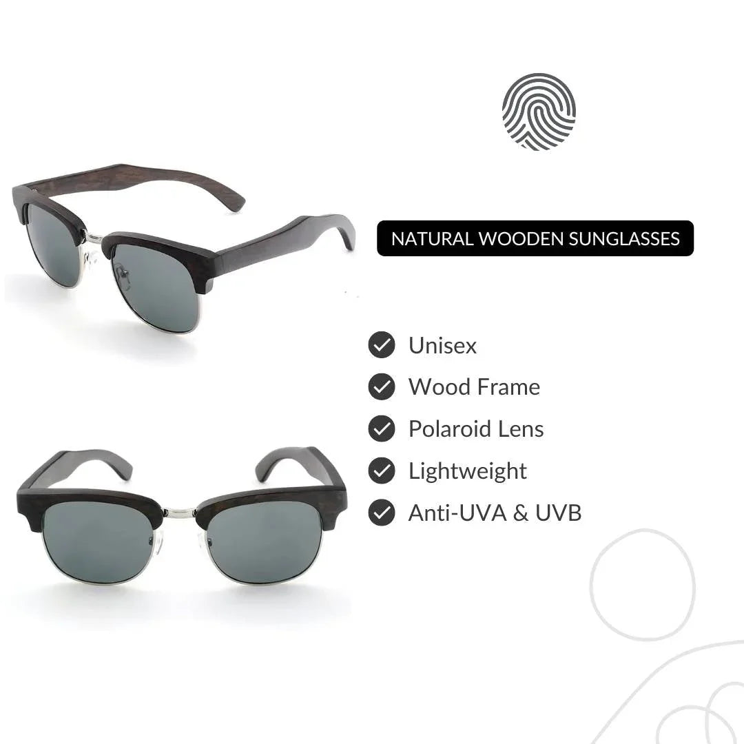 Unisex natural wooden sunglasses with wood frame, polaroid lenses, lightweight, anti-UV.
