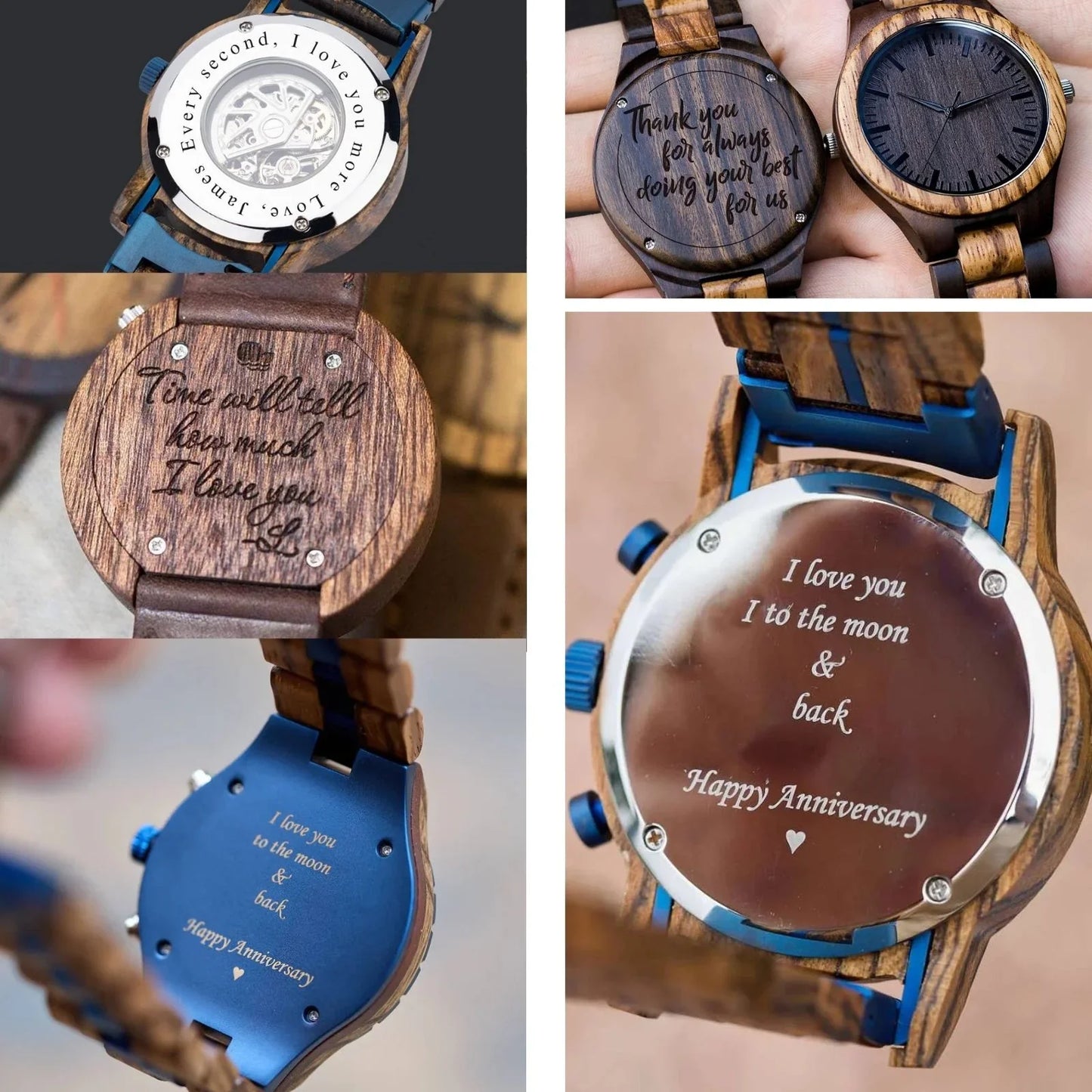 Personalized engraved wooden watches with custom anniversary and love messages on the back.