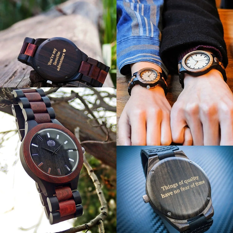 Collage of engraved wooden watches, two hands wearing matching wood watches, close-up details.