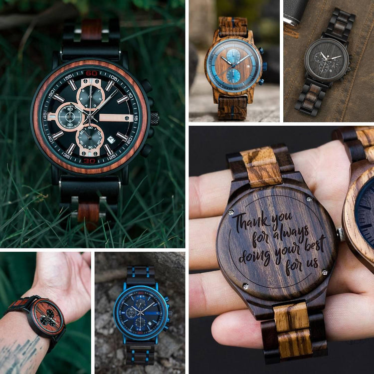 Collage of men's wooden watches with engraved message and chronograph designs