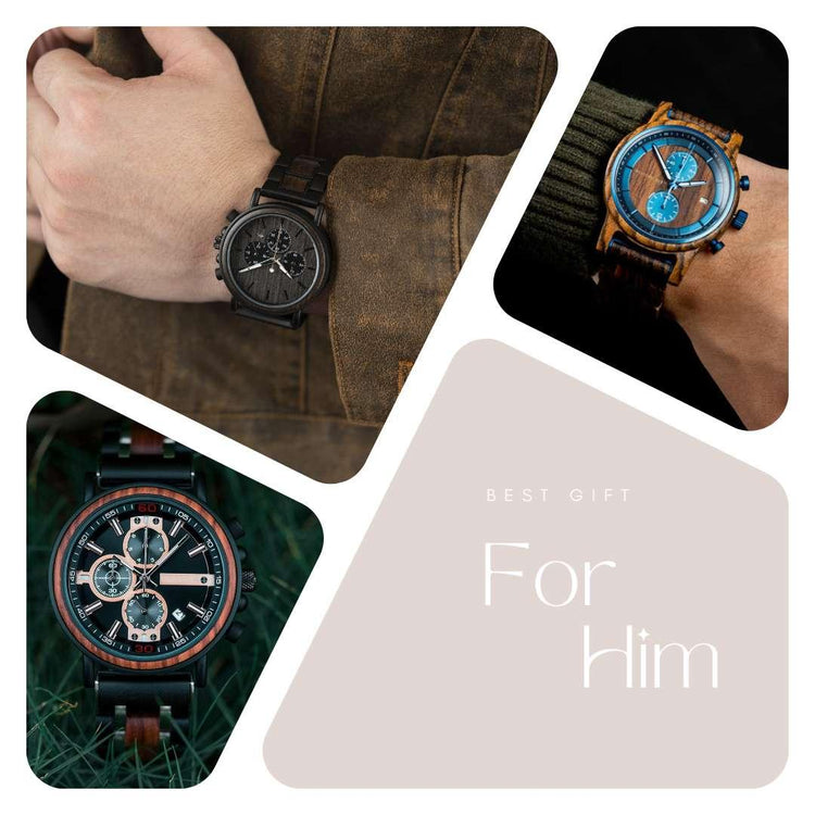 Men’s wristwatches in wooden and metal styles, ideal gift for him, collage layout.