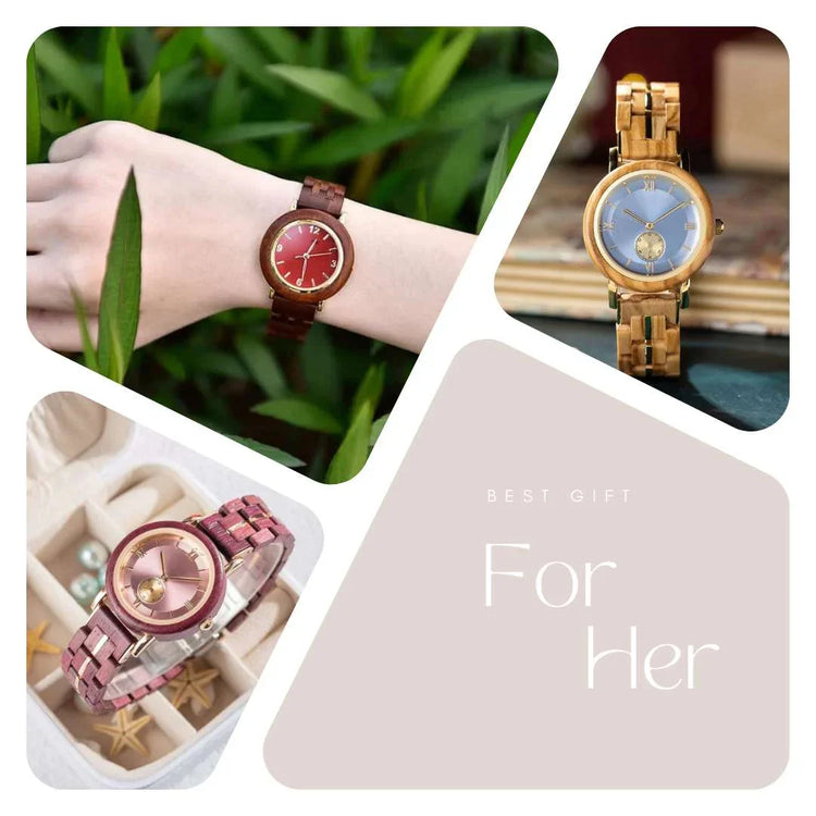 Women’s wooden wristwatches in red, pink, and natural wood, displayed as best gift for her.