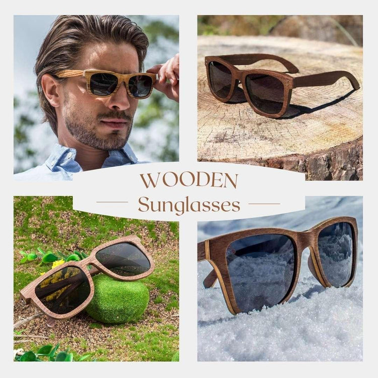Collage of stylish wooden sunglasses on a man, on wood, grass, and snow backgrounds.