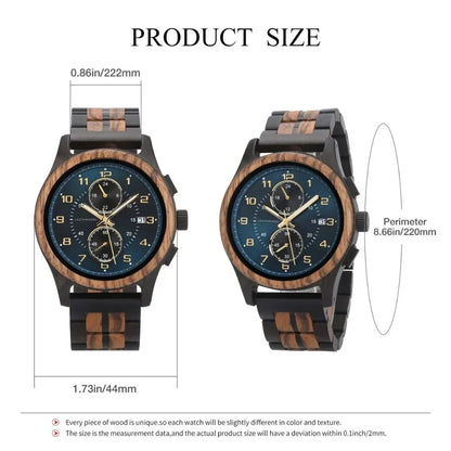 Men's wooden wristwatch with black and wood grain band, blue dial, size measurements displayed.