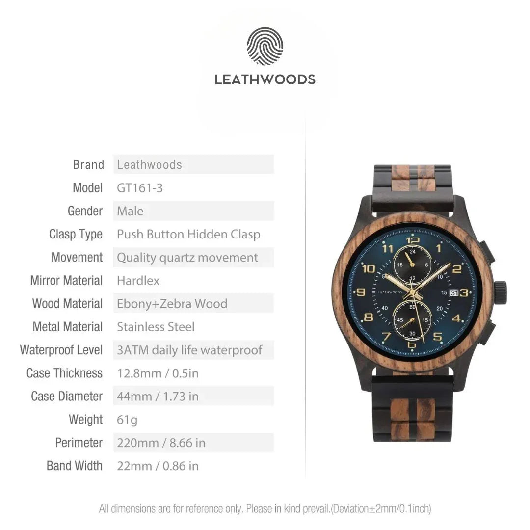 Leathwoods GT161-3 men's watch with ebony and zebra wood band, black dial, and chronograph features