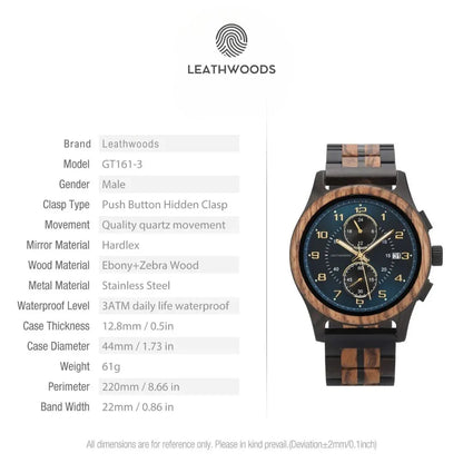 Leathwoods GT161-3 men's watch with ebony and zebra wood band, black dial, and chronograph features