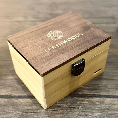 Leathwoods wooden keepsake box with engraved lid and latch on rustic wood table