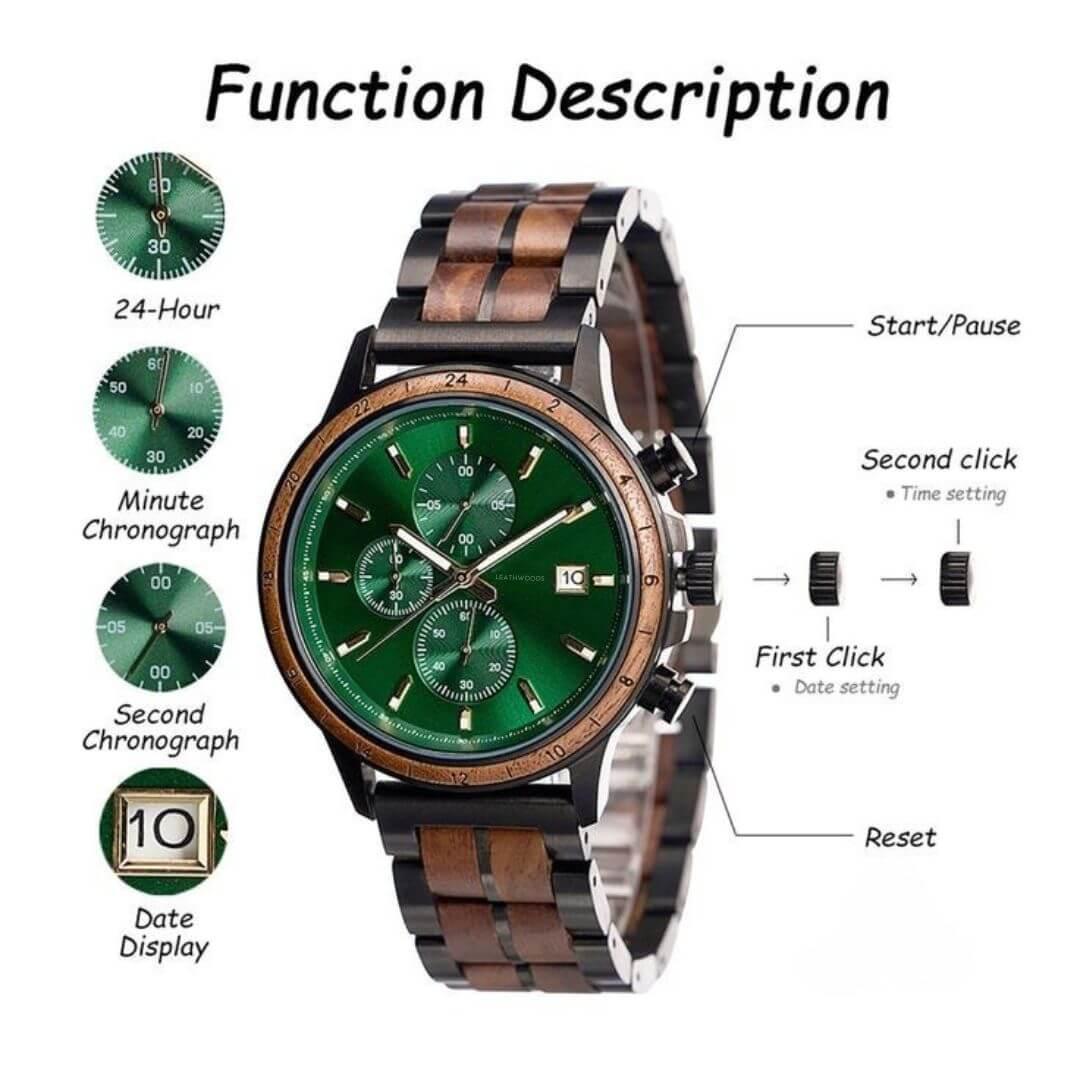 Green dial men's wristwatch with wood-tone accents, chronograph functions, date display, and function descriptions