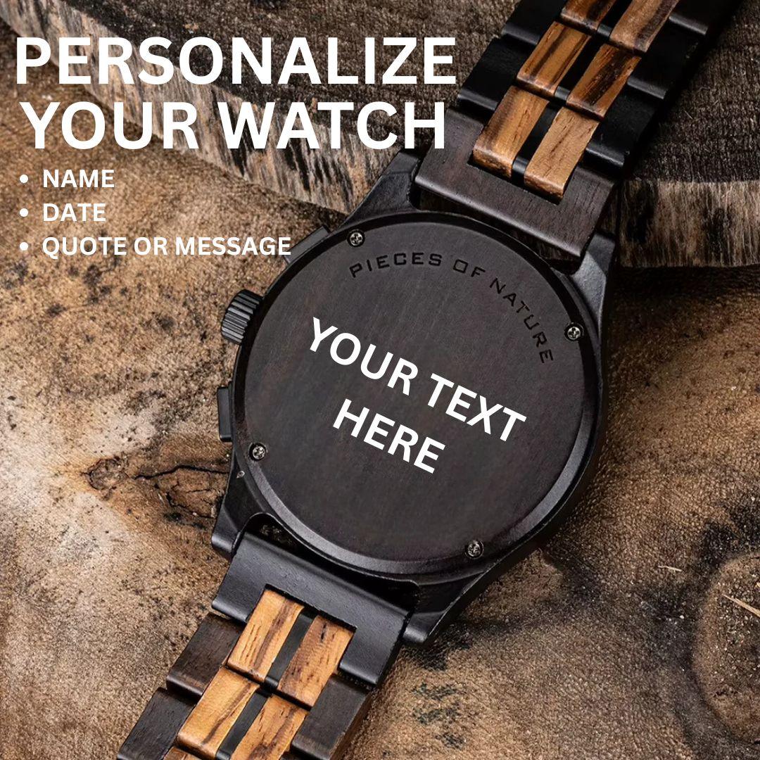 Personalized wooden watch with custom engraved back on rustic wood background