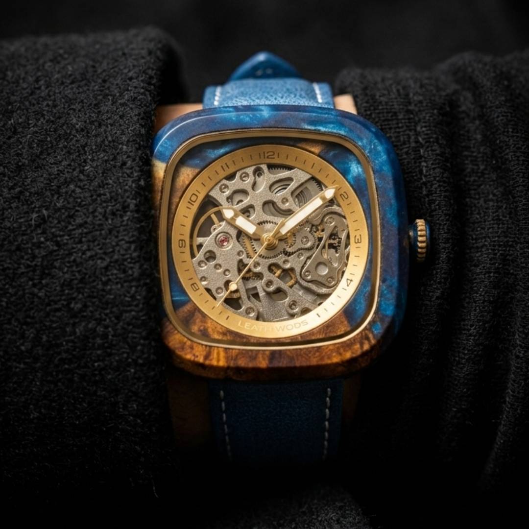 Watch with blue strap and gold case on a dark background