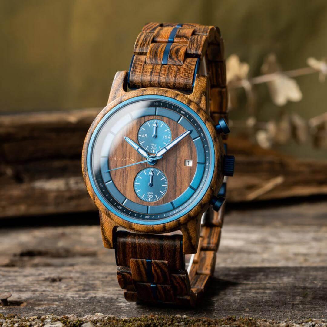 Leathwoods Morpho wooden watch with blue dials on rustic wood surface