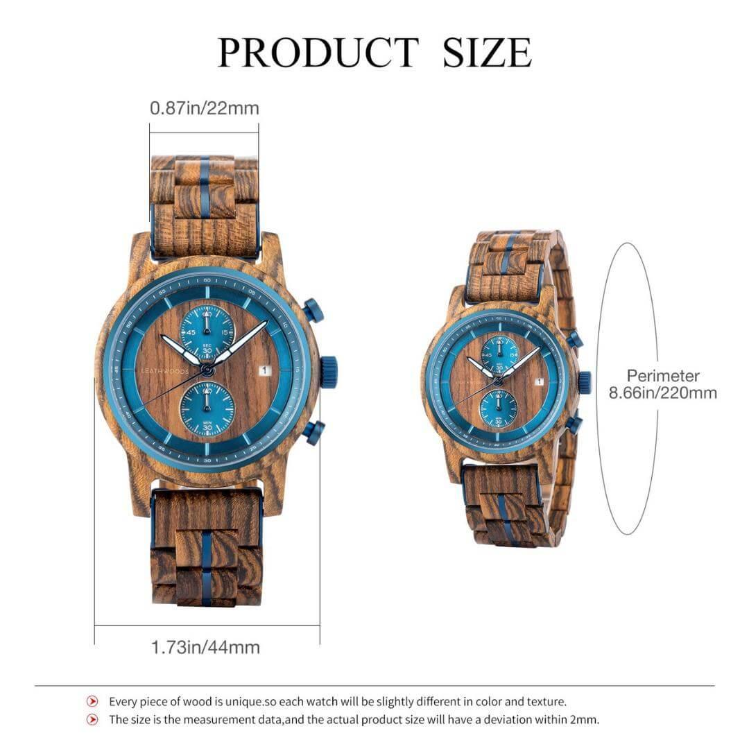 Leathwoods Morpho wooden watch with blue accents, product size dimensions displayed