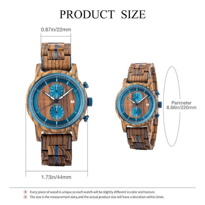 Leathwoods Morpho wooden watch with blue accents, product size dimensions displayed