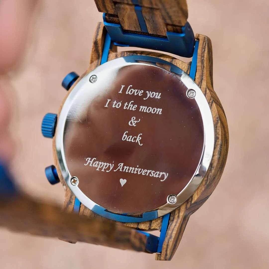 Personalized engraving on back of Leathwoods Morpho wooden watch with anniversary message