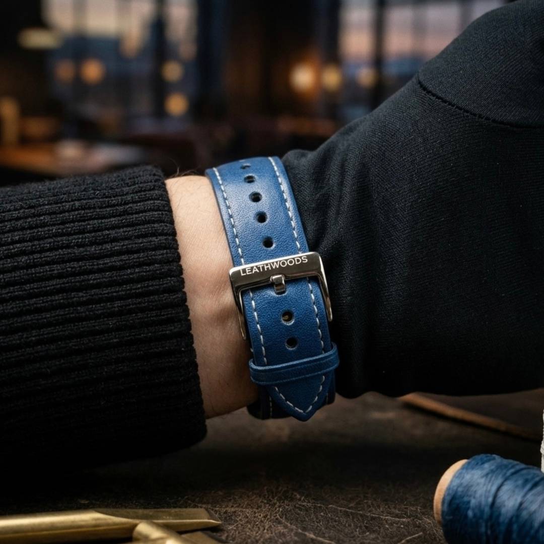Person wearing a blue leather watch strap with 'Leathwoods' branding on a dark background.