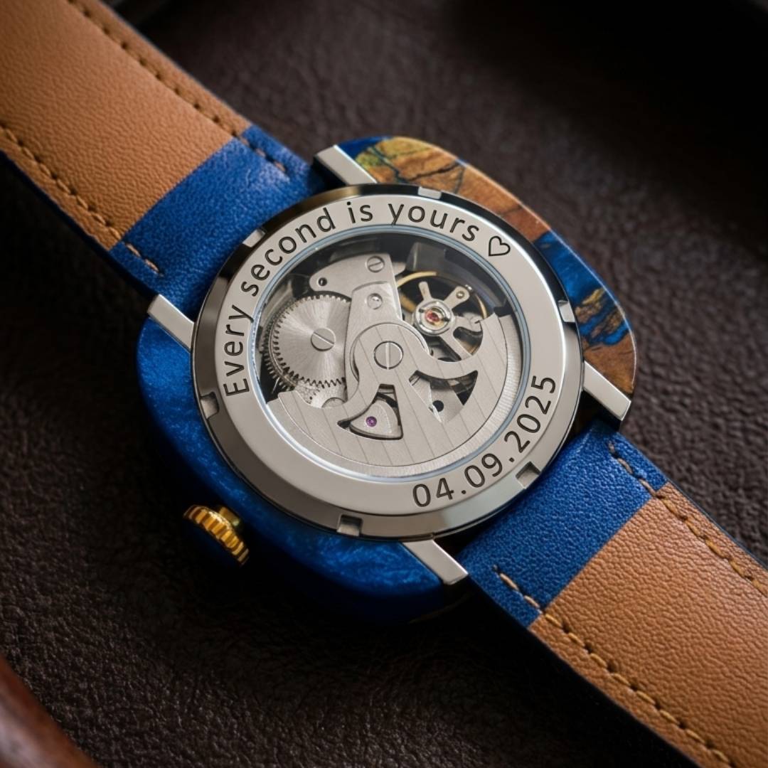 Watch with blue strap and visible mechanical components on a dark background