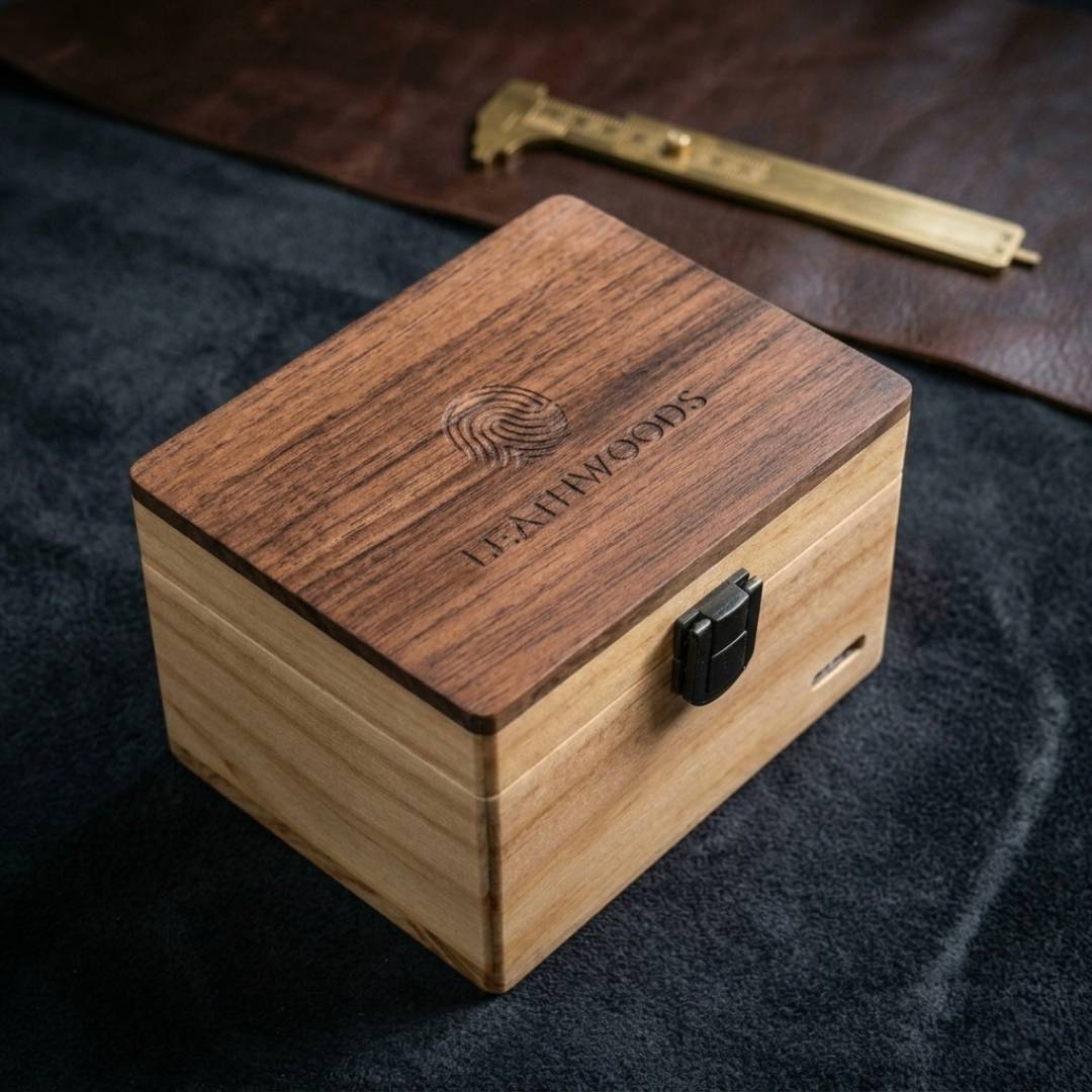 Wooden box with 'Team Woods' branding on a dark surface