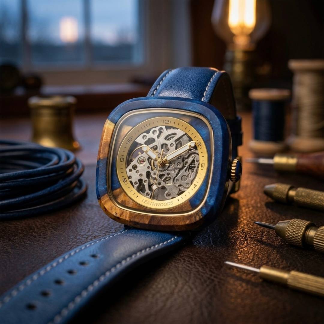 Blue wristwatch with mechanical design on a wooden surface with tools and spools in the background