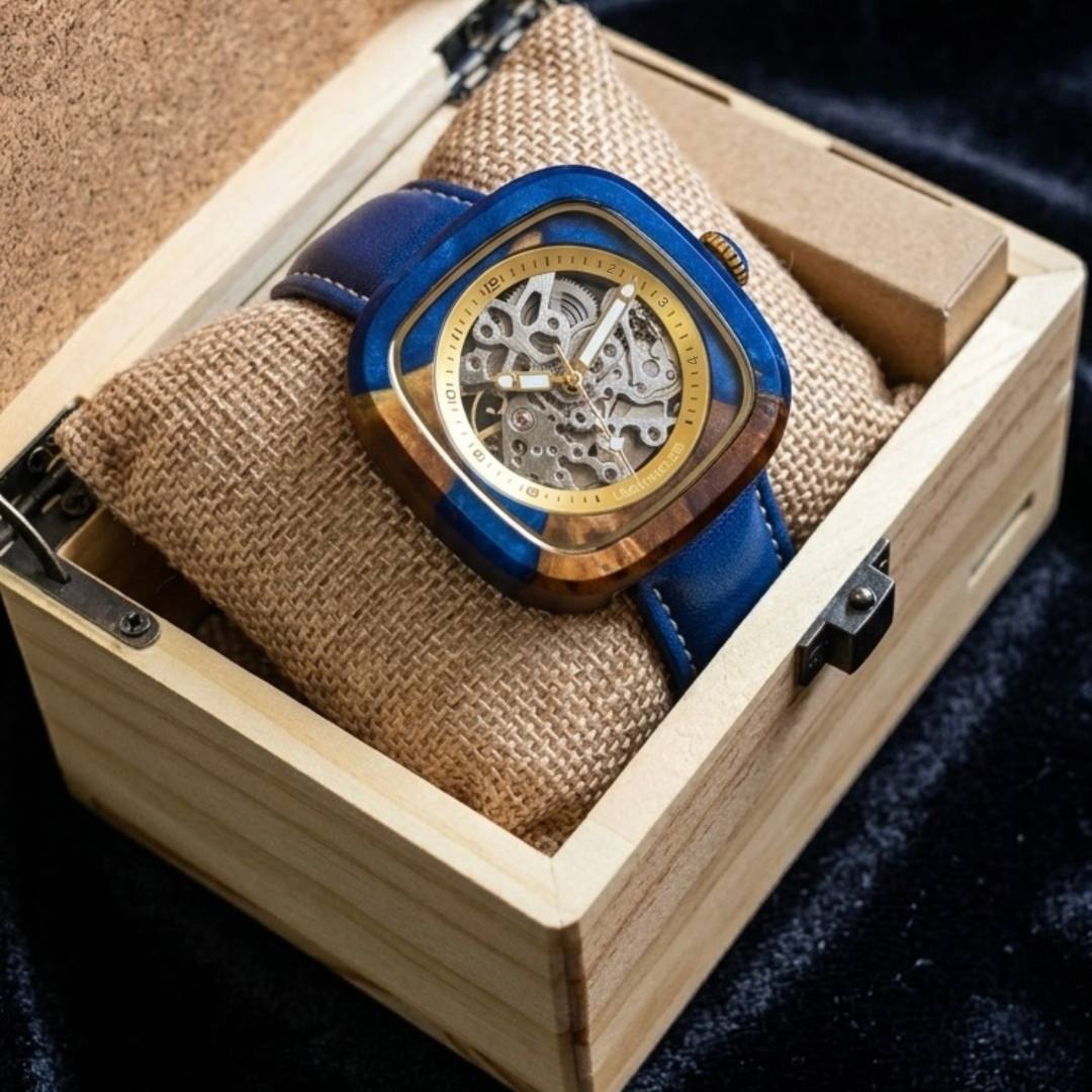 Luxury watch with blue strap and wooden casing in a wooden box